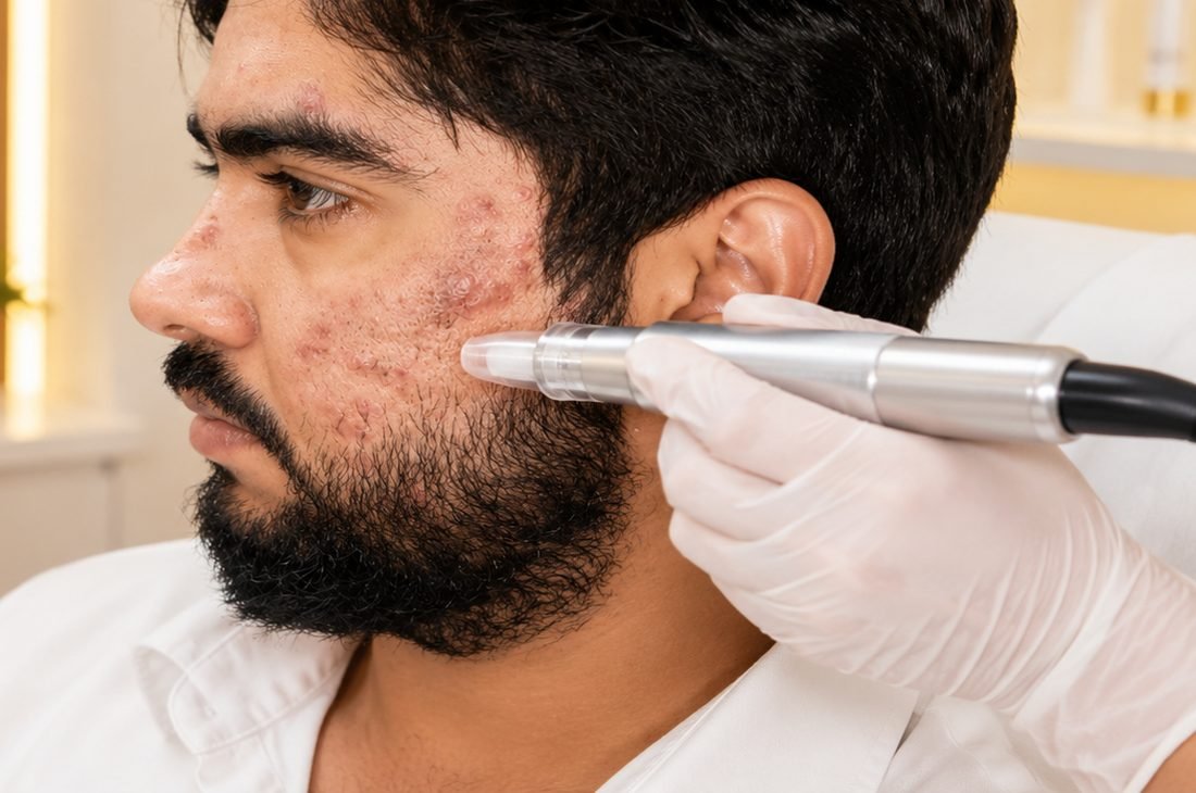 Acne and acne scar treatment on male patient cheek at Dr. Vineet Verma dermatologist Hisar Haryana
