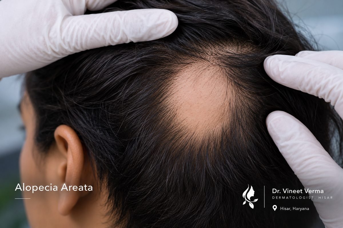 Alopecia areata hair loss bald patch scalp treated at Dr. Vineet Verma dermatologist Hisar Haryana
