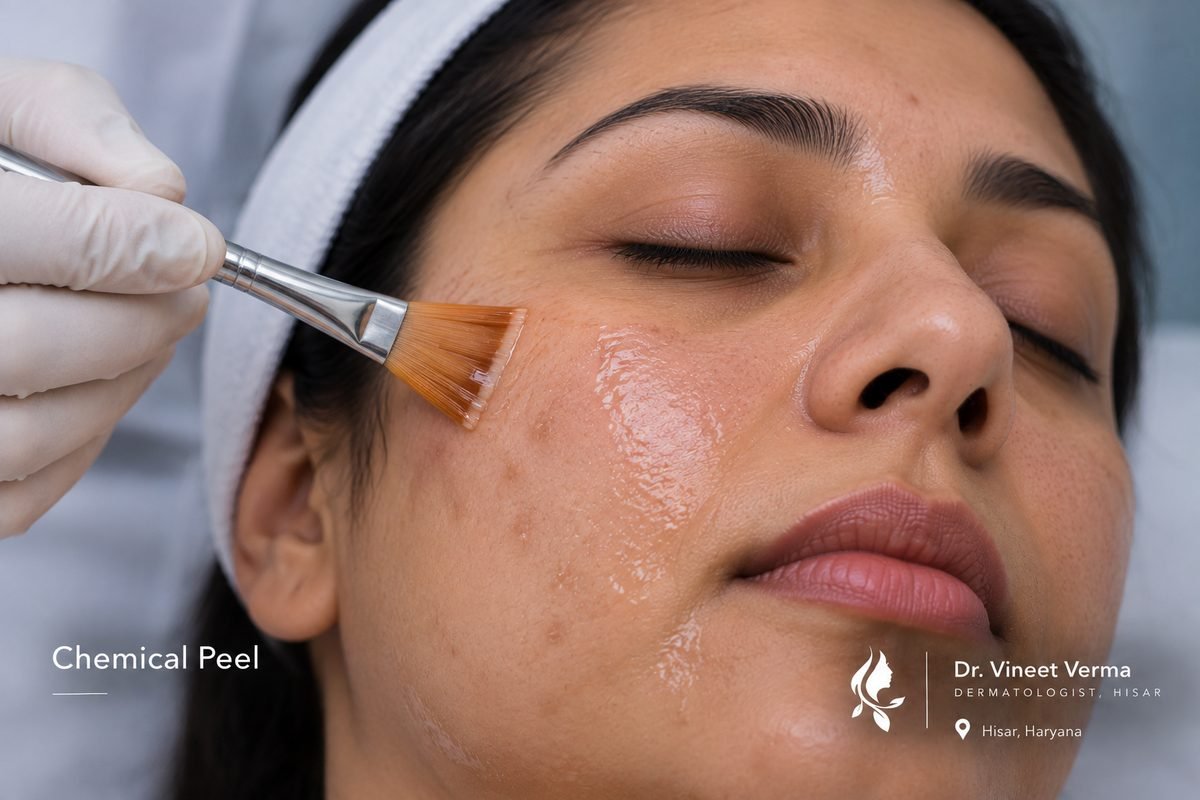 Chemical peel treatment applied to face at Dr. Vineet Verma skin clinic Hisar Haryana