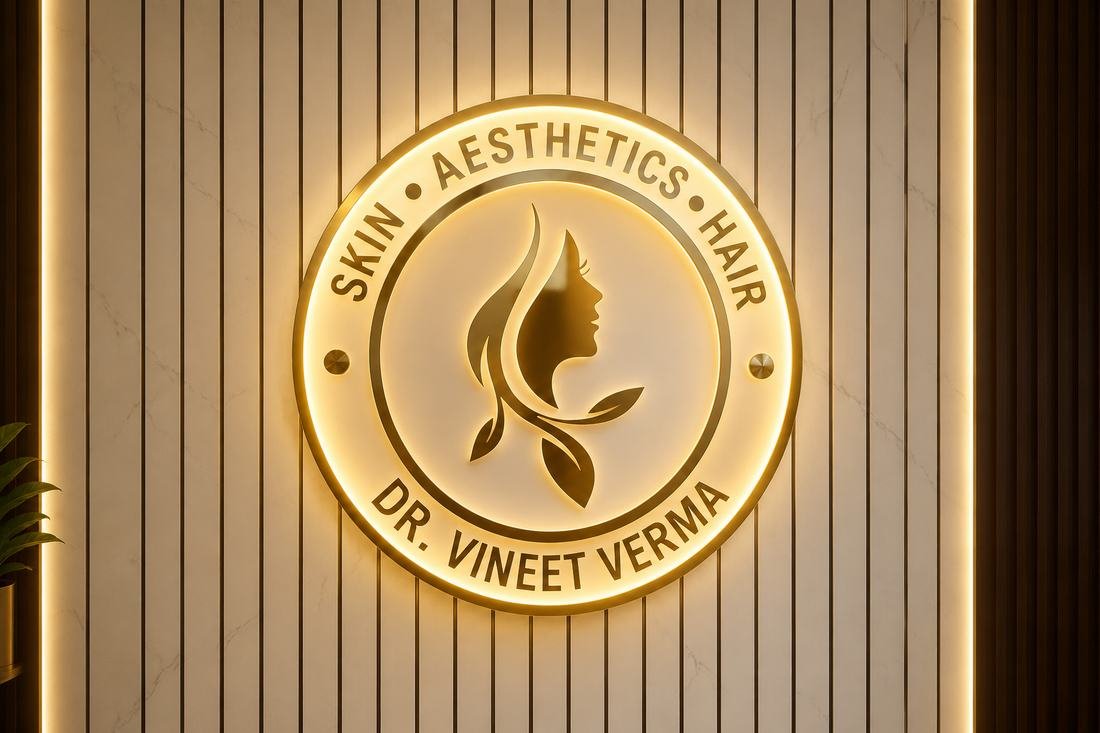 Dr. Vineet Verma Skin Aesthetics Hair clinic golden signage at the entrance Hisar Haryana
