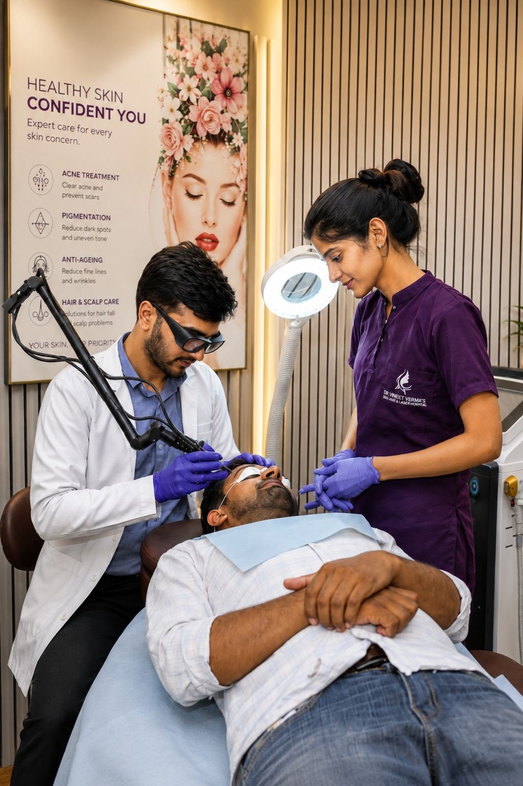 Laser treatment session at Dr. Vineet Verma dermatology clinic Hisar Haryana with advanced equipment