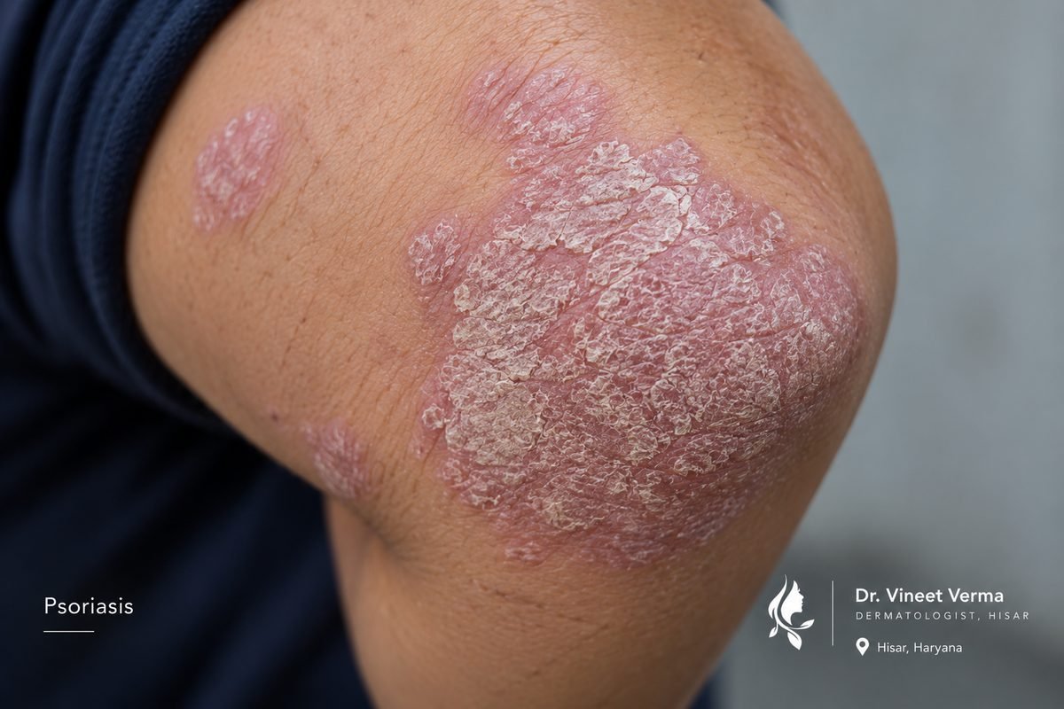 Psoriasis scaly plaques on elbow treated at Dr. Vineet Verma skin clinic Hisar Haryana