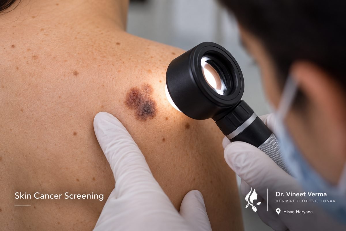 Skin cancer screening dermoscopy mole examination at Dr. Vineet Verma dermatologist Hisar Haryana
